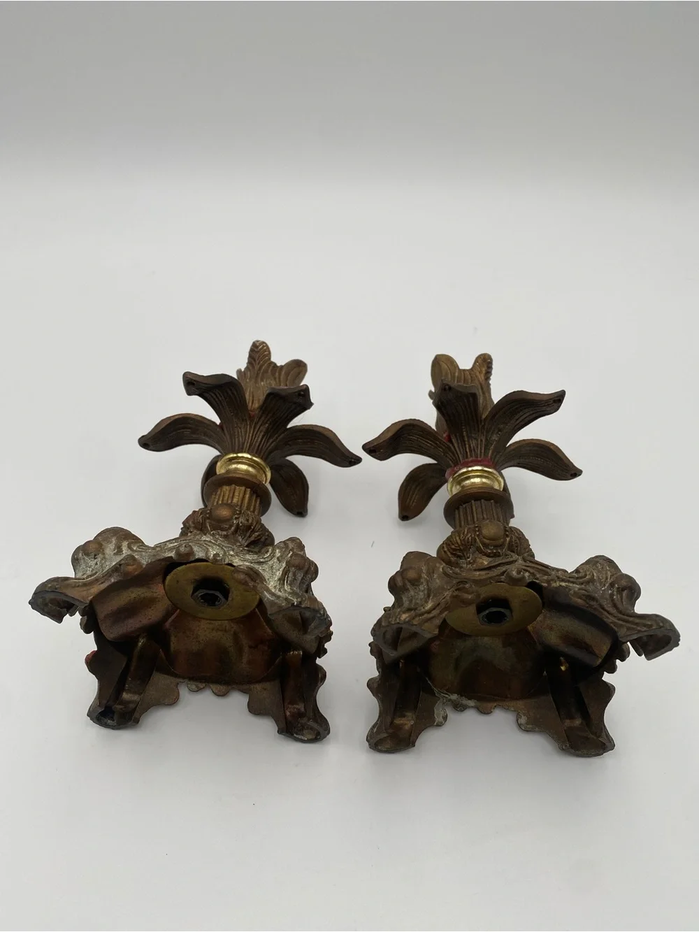 Vintage Floral Metal Candle Holders Bronze Gold Textured Metallic Square Base